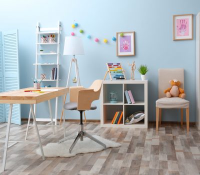 Wooden,Table,In,Blue,Children,Room,Interior